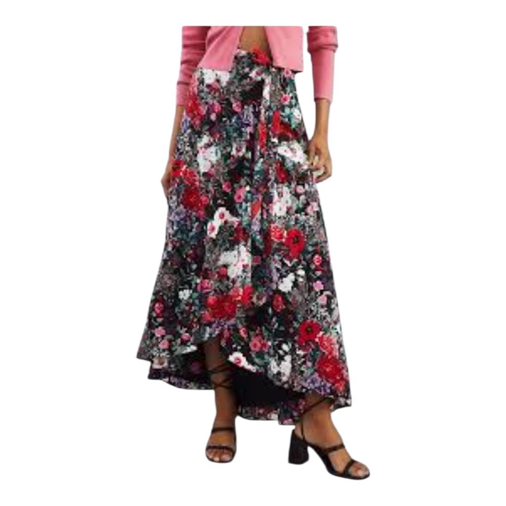 Hutch Wrap Maxi Skirt Floral sz XL Tie Waist, High-Low Ruffled Hem Bold Flamenco
